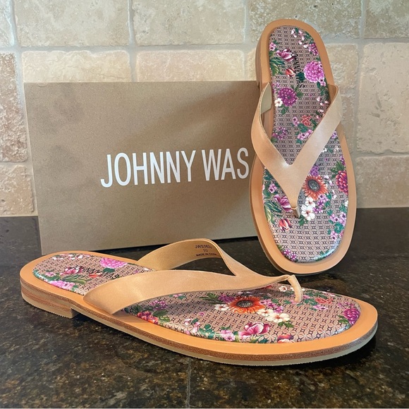 NEW Johnny Was Jenna Thong Sandals Size 10‎ Flip Flops Floral Tan - Picture 1 of 4